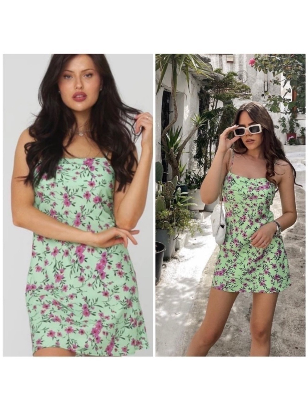 ZARA Green Pink Floral Satin Effect Mini Dress